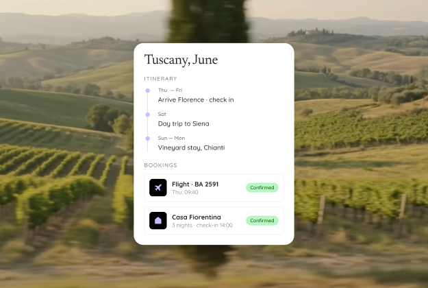 A Tuscany itinerary card over a sunlit vineyard