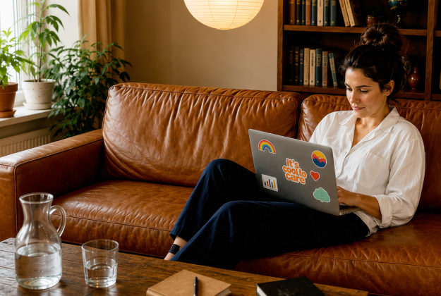 A woman working on a laptop on a leather sofa at home