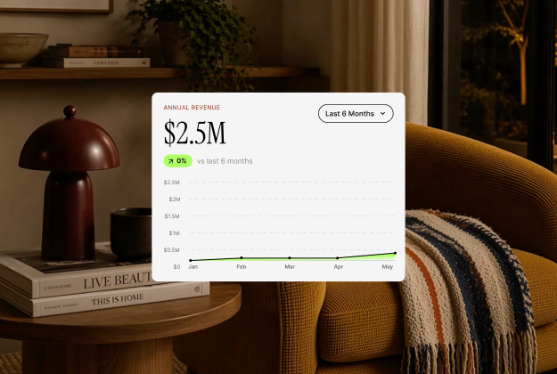 An annual revenue card floating over a warm, lamplit living room
