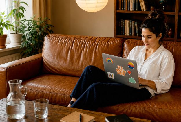 A woman working on a laptop on a leather sofa at home
